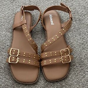 Abound Brown Studded Double-Buckle Strappy Sandals